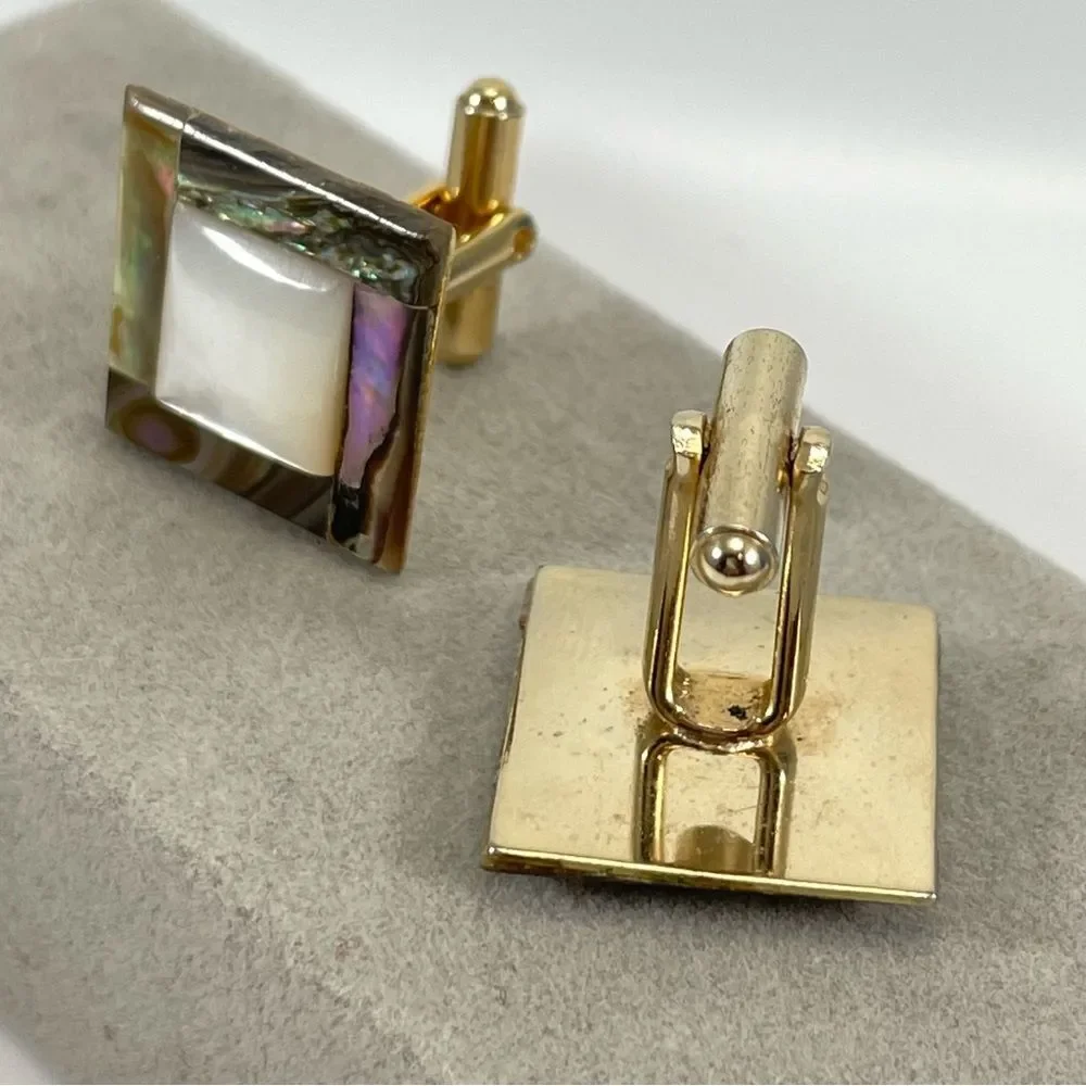 Vintage Cufflinks Mother of Pearl Abalone Inlay Gold Tone Metal Cufflinks